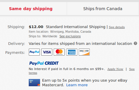 Canada selected on ebay.com